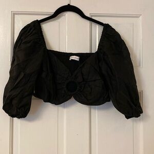 Faithfull The Brand Black Puff Sleeve Linen Crop Bra Top XL 10 NWT